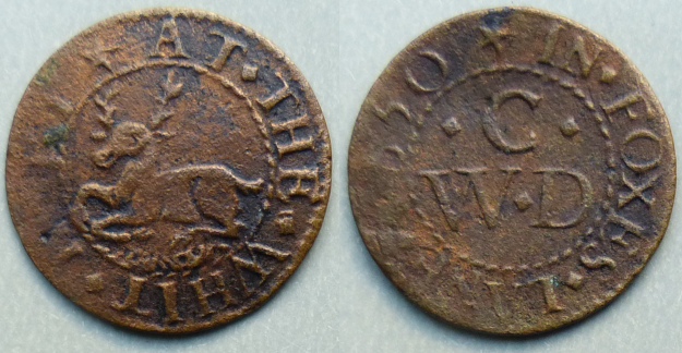 Foxes Lane, Shadwell, W C (D) AT THE WHIT HART 1650 farthing